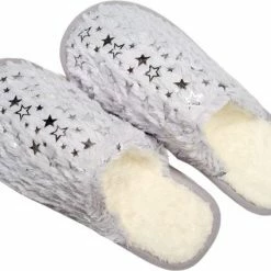 Youhomy Accessoires Warme Dames Pantoffels Blauwgrijs- Fluffy Pantoffels Zilver Sterretje, Glitter Print - Maat 38/39 Unisex - Fake Fur Pantoffel- Thuis Indoor Sloffen Dames, Heren, Jongen En Meisjes 12-18 Jr Seizoen Herfst Winter| Cadeaus Kerstdagen