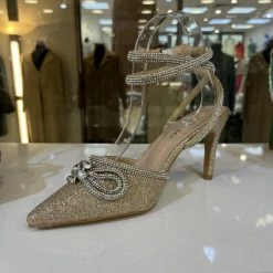 Merkloos -DAMES PUMPS GOUD - HOGE HAKKEN - GLITTER HAKKEN MET STRIKDETAIL - Maat 39